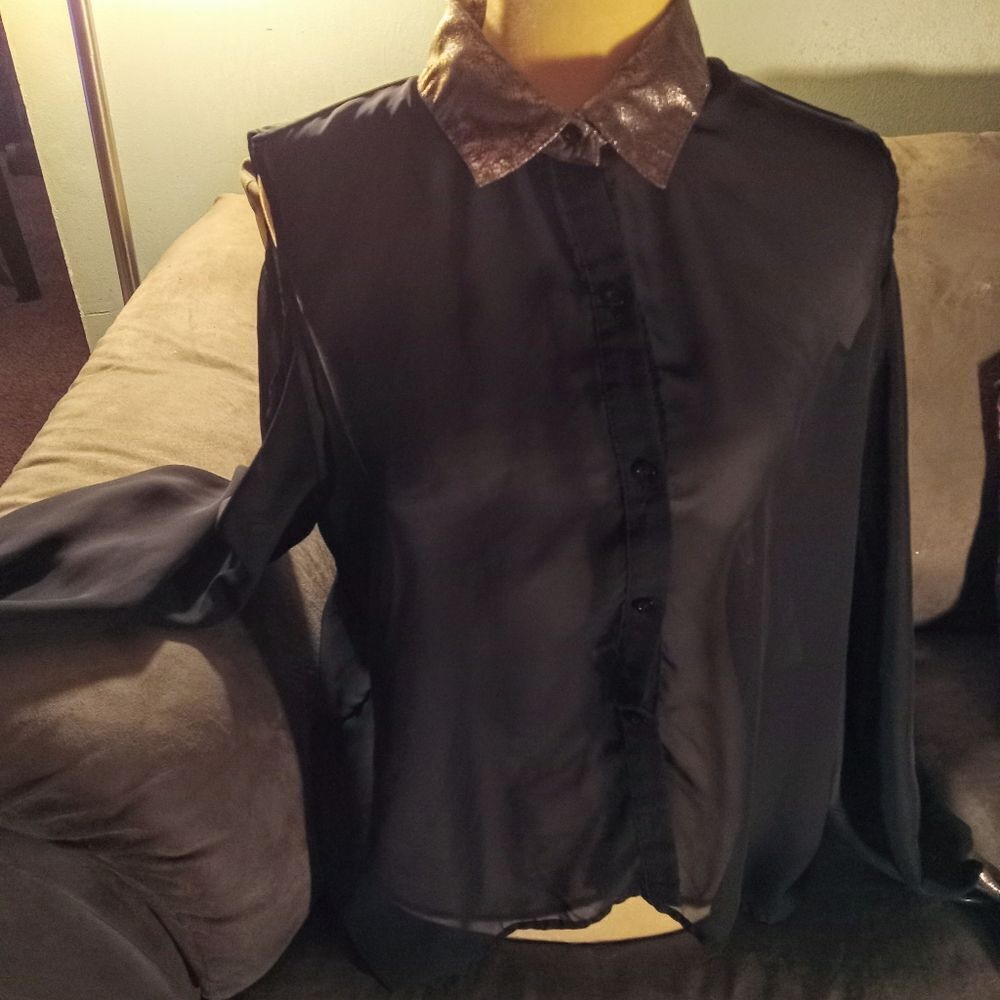 SHEER long sleeve blouse with tortoise shell gold trim & cut-out shoulders